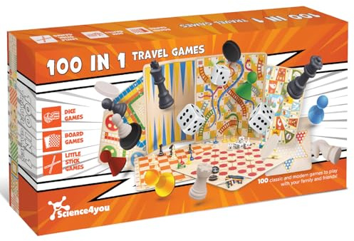 Science4you Juegos de Viaje 100 En 1 - Juegos de Mesa Familiares de Tamaño Viaje para Niños y Adultos, Colección Com Juegos Clásicos como Ajedrez, Damas, Serpientes y Escaleras, Parchís y más
