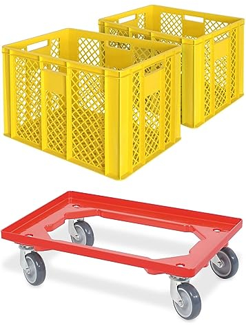 BRB 2X Eurobehälter/Bäckerkiste, LxBxH 600x400x410 mm inkl. Transportroller (gelb)