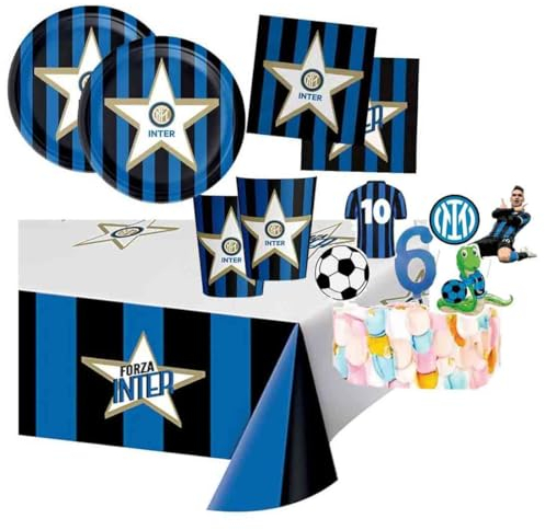 Kit compleanno per 8 persone con picks torta e candelina numerale festa a tema personaggio a scelta per bambini e ragazzi angolo torta allestimento tavolo n. 82 (F.C. Inter)
