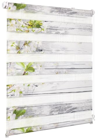 Deswell Doppelrollo Klemmfix ohne Bohren Weiß-Blüten B40 x H140 cm (Stoffbreite 36cm) Rollos für Fenster ohne Bohren mit Blüten Motiv Duorollo für Lichtdurchlässig Höhe Stufenlos Verstellbar