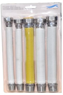 HM | Kit Installazione Caldaia con 5 Tubi Flessibili Inox 220–420mm | Attacchi MF per Acqua e Gas | Versione Nuda o Rivestita | Guarnizioni Incluse (Rivestito – Attacco Gas 3/4)