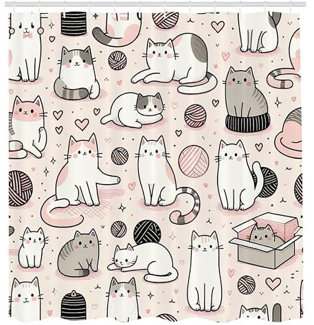 ABAKUHAUS Chat Rideau de Douche, Chats Dessinés De Manière Simpliste Assis Et Allongés Avec Des Couleurs Pastel, Material Resistente al Agua Durable Estampa Digital, 175 cm x 200 cm, Rose et Gris Pâle