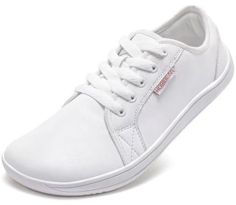 HOBIBEAR Chaussures Larges Pieds Nus Femmes Hommes Chaussures Minimalistes en Cuir Pieds Nus Chaussures de Trail Running Léger Confortable, Blanc, 43 EU