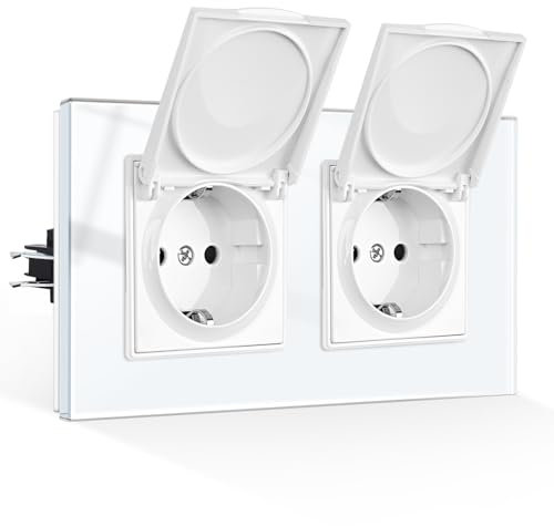 CNBINGO Wasserdicht Doppelsteckdose mit Klappdeckel, Schuko Steckdose Unterputz mit Krallen, Doppel Steckdose mit deckel, Weiß Glas Schutzkontakt Wandsteckdose, 1-Fach, 16Amp, 250V