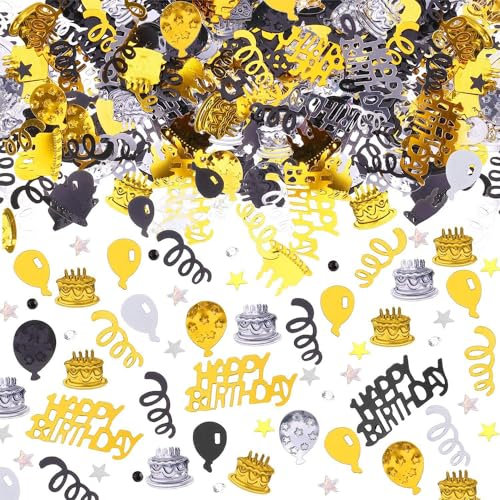 AIVEKE Konfetti Geburtstag Tischdeko - Happy Birthday Konfetti Gold Schwarz, Streudeko Geburtstag Deko Konfetti Frau Mann Partydekorationen für Luftschlangen Geburtstage Partys, Gold Schwarz, 15g