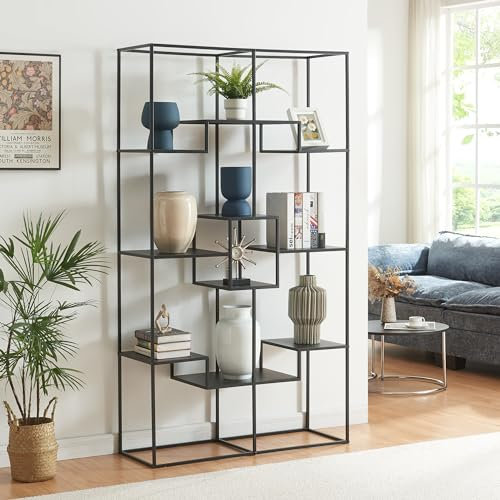 [en.casa] Scaffale da Terra Multifunzionale Libreria Mobile Espositore Ripiani a Forma di Scale Scaffale Divisorio per Open Space 180 x 100 x 35 cm Metallo - Nero