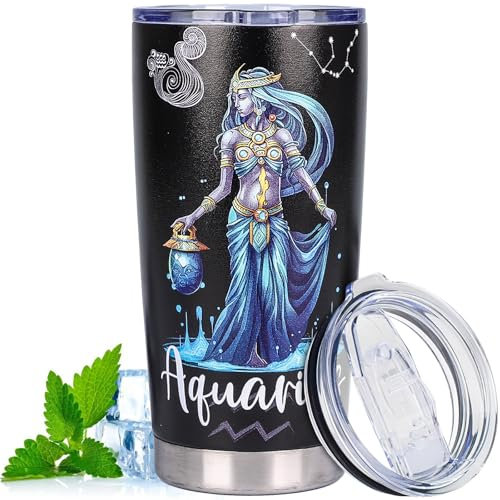 ZONSUSE Tasse Thermos en Acier Inoxydable, 560ml Tasse Isotherme Double Isolée Sous Vide, Tasse à Café de Voyage avec Couvercle, Tasses Enduites de Poudre pour Boissons Chaudes et Froides (Verseau)