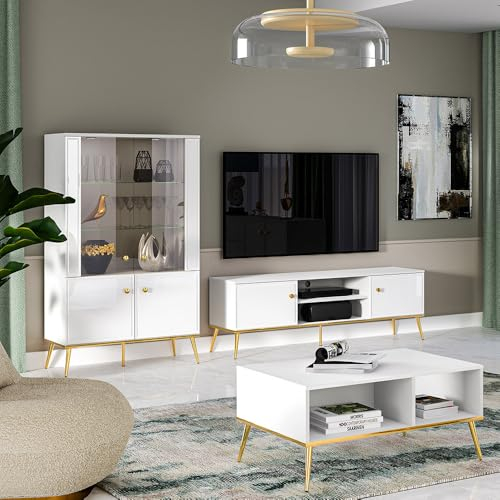 Lomadox Wohnwand TV-Wand Hochglanz weiß 3-teilig modern, 1 Highboard, 1 Lowboard, 1 Couchtisch mit goldfarbenen Akzenten
