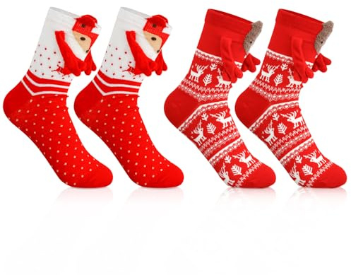 2 Paar Weihnachtssocken mit Magnetarmen, Lustige Magnetische Socken mit Händen Hand in Hand Holding Socks, Magnetische Weihnachten Socken, Freundschaftssocken Magnetsocken, 3D Puppe Pärchensocken