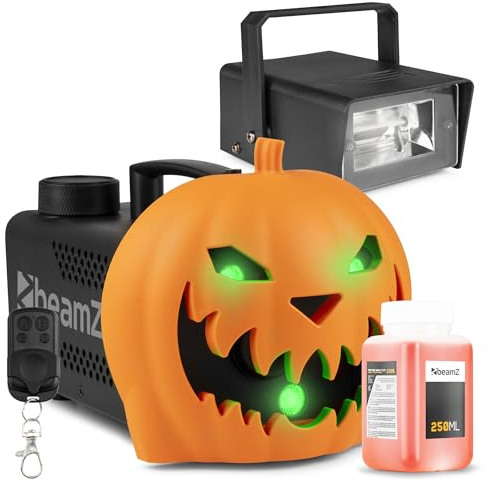 Pack Soirée Halloween - Machine à Fumée avec Citrouille Animée et Stroboscope BMS50 - Ambiance Effrayante Halloween pour une Soirée Unique, Exclusivité BeamZ 2024, Liquide Inclus