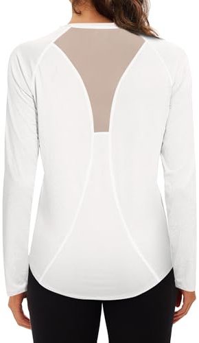 Wayleb Sportshirt Damen Langarmshirt V-Ausschnitt Sport T-Shirt Langarm Oberteile Funktionsshirt Leichtes Atmungsaktiv Back Mesh Laufshirt Fitness Yoga Top Sportbekleidung, Weiß S