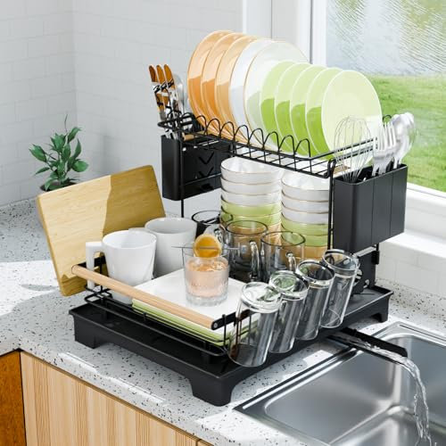 Vathingood Escurridor de platos de 2 niveles, para encimera de cocina, escurridor desmontable de gran capacidad con escurridor automático, soporte para cubiertos, soporte para tabla de cortar,
