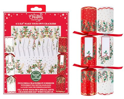RSW Make Your Own Christmas Crackers with Ties, Mottos, Hats - 6 x 13.5 Crackers Red/White Merry Holly Christmas Design - DIY Christmas Cracker Set - Festive Seasonal Party