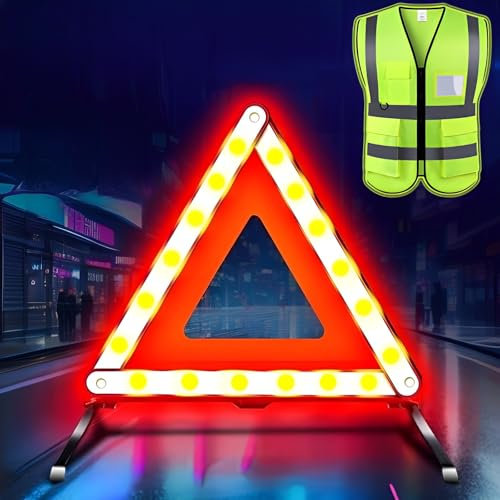 WTZWYFWJ 2in1 Warndreieck kfz Warnwesten Set,Sicherheitsdreieck und Sicherheitsweste,360 Grad Reflektierend Warndreieck,KFZ Warnweste,Notfalldreieck Faltbar fürs Auto,Bus,PKW,LKW 2 im 1-Set