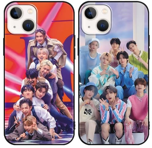 nurkorki 2 Stück Schwarz Handyhülle für iPhone 13 iPhone 14 Hülle 6,1,Kpop Stray Kids Skzoo Muster Design Aesthetic Schutzhülle für Mädchen Frauen Skz Fans Cover,Silikon TPU Stoßfest Case,Comics