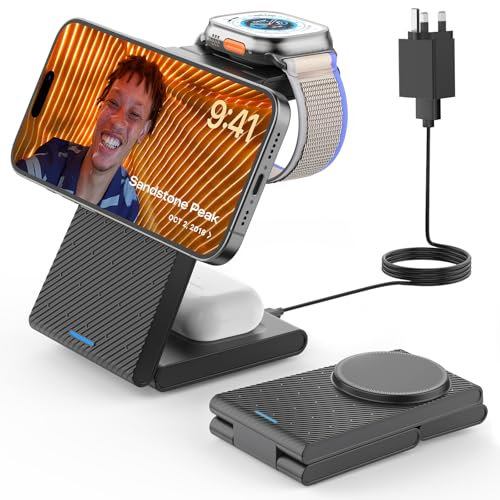 3 in 1 Wireless Charging Station for iPhone, CIYOYO Foldable Magnetic Wireless Charger for iPhone 16/15/14/13/12, Fast Charger Stand for Apple Watch 10/9/8/7/SE, Docking Station for AirPods 4/3/2/Pro