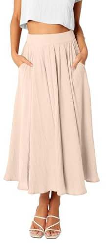 REORIA Damen Maxi Faltenrock Hohe Taille A-Linien Rock Midiröcke Eleganter Langer Rock mit elastischem Bund und Taschen Beige XL