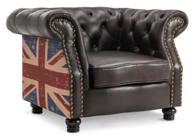 Luxury Chesterfield PU Leather Single 1 Seater Armchair with British Union Jack Flag Fabric Print – 106 CM Wide Vintage Brown Living Room Gentlemen’s Club Chair , Deep Tufting , Solid Wood Frame