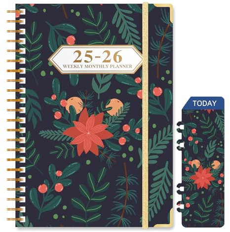 Ksriylm Terminkalender 2025-2026, A5 22×16cm Hardcover Terminplaner(Juli. 2025- Juni.2026), mit Innentasche, Elastischer Verschluss, Lesezeichen, Wochenplaner mit Vergoldete Schutzecken, Grünes Blatt