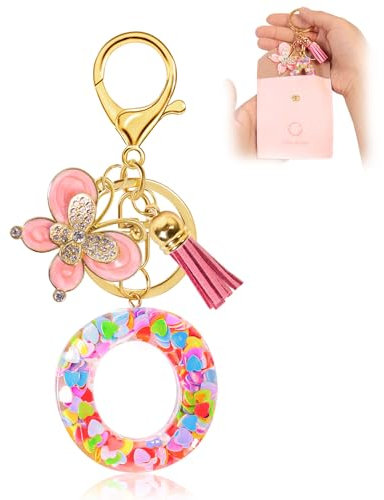 Porte clés personnalisé femme – Porte clef lettre initiale avec papillon et pompon rose – Porte clé voiture élégant – Cadeau personnalisé femme pour anniversaire, Noël, Saint-Valentin(O)