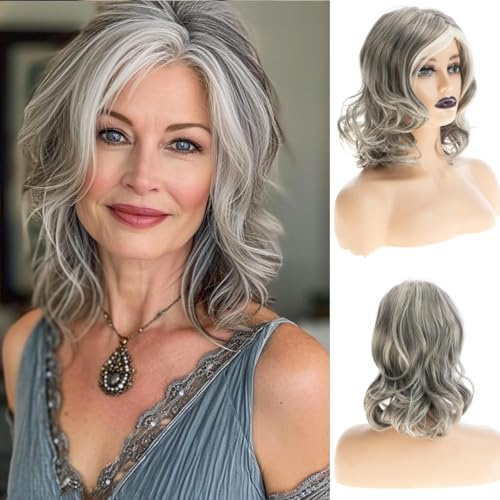 Qnbiar Damen Kurz Grau Wellen Bob Perücke Mittellang Grau Locken Perücke Mittelteil Silber Synthetisch Natürliches Look Alltag Partyhaar