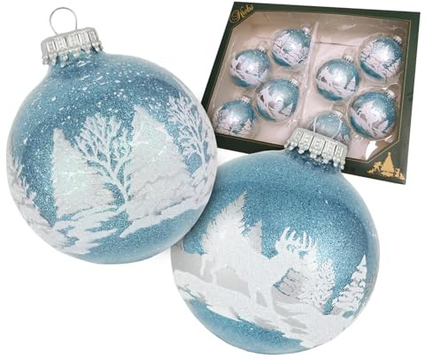 Krebs Glas Lauscha Weihnachtsdekoration/Christbaumschmuck aus Glas - 2er Boxset je 4 Christbaumkugeln - Motiv: Winterwald mit Glitter - Größe: ca. 7 cm