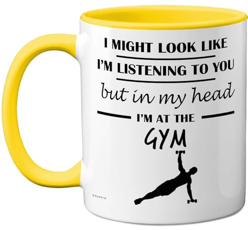 Stuff4 Gym, in My Head Mug Yellow Handle | Funny Gift for Gym Lover Women and Men, 11oz Premium Ceramic Dishwasher Safe Mugs Novelty Cup