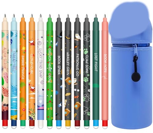 Set mit 12 löschbaren Gelstiften + Kawaii 2-in-1-Federmäppchen, mit thermoempfindlicher Löschtinte, einer Vielzahl von Tintenfarben und Schaftdesigns, 0,7 mm