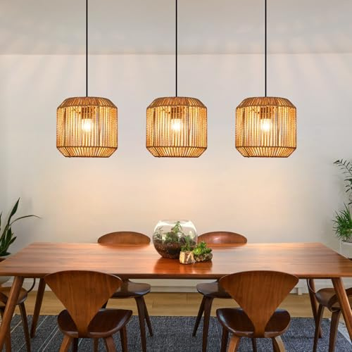 Deboola Pendelleuchte Boho Hängelampe Rattan Lampe Hängend Höhenverstellbar | Hängeleuchte Esszimmer 3 flammig Esstischlampe Retro Design mit E27 Fassung für Schlafzimmer Wohnzimmer/Ohne Leuchtmittel