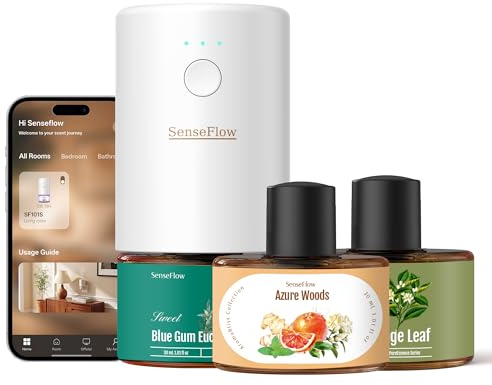 SenseFlow Aroma Diffuser Wi-Fi SF101S Trio Set, 3 ätherische Öle, Wasserloser Ultraschall Duftstecker, 100% pflanzlicher Raumduft, 360 Tage, bis 100m² – Blue Eucalyptus | Bitter Orange | Azure Woods