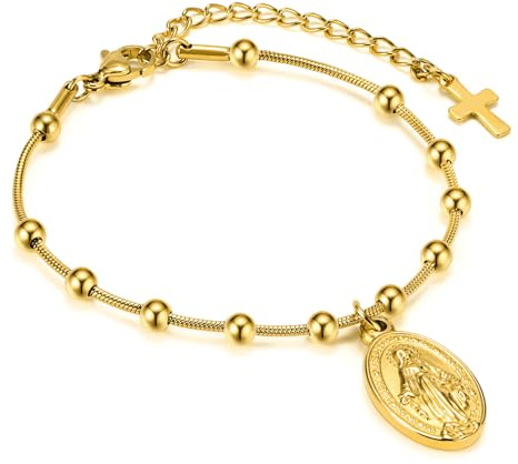MPRAINBOW Armband Damen mit Jungfrau Maria Kreuz - Edelstahl Armband Gold Glaubensschmuck Christliche Armbänder Verstellbar 16+5 cm Christliches Bijou für Geschenk zur Erstkommunion Firmung Taufe