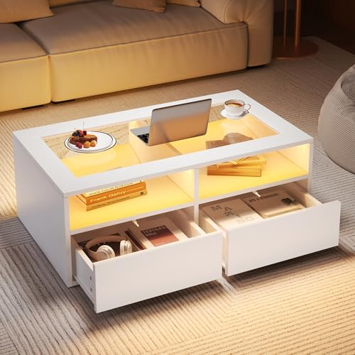 BTM Table Basse 100 x 50 x 35 cm avec éclairage LED, d'appoint avec 2 tiroirs, de Salon en Verre, Double Plateau, Espace de Rangement Ouvert, de Chevet, Blanche