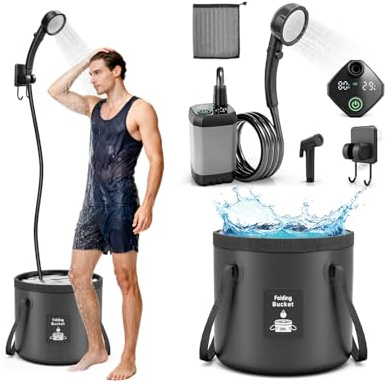 FOTSHARER Portable Shower for Camping with Shower Head 3 Spray Modes, 6000mAh Rechargeable Shower Pump with LED Display Foldable Bucket Outdoor Showering for Hiking RV Car Travel Pet