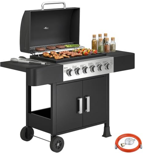 Outsunny Barbacoa de Gas con 6 Quemadores 15 kW Termómetro Tapa Negro | BBQ Gas, Barbacoa Portátil, 2 Mesas Laterales, Armario, Rejilla Calentadora, Parrilla, Recogedor Grasa, Asa, 2 Ruedas