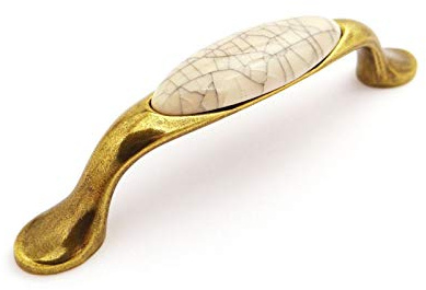 SOTECH Porzellangriff Venus BA 96 mm | Möbelgriffe Cremefarbig krakeliert / Messingoptik antik