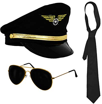 Blue Planet Online - Pilot Aviator Captain Hat Cap, Tie & Aviator Sunglasses Fancy Dress
