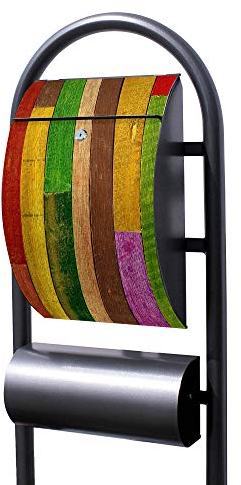 Banjado® Stand Briefkasten in Hammerschlag-Optik in Größe 150x47x22cm mit Motiv Holz Collage Bunt - Briefkasten mit Standfuß/Postkasten freistehend als Standbriefkasten mit Zeitungsfach