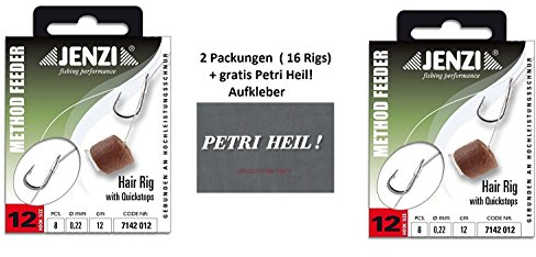 Set: 2 Packung (16 Rigs) Method Feeder Hair Rig von Jenzi mit Gummi Band/Quick Stop, Hakengröße 8, 10, 12 - Länge 12 cm +gratis Petri Heil! Aufkleber (Quickstop Hakengröße 12)