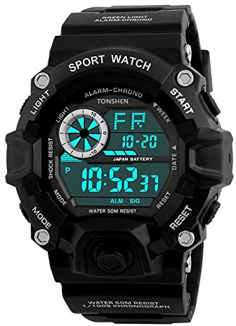 TONSHEN Herrenuhr Digital Sport Uhr 50M Wasserdicht Uhr LED Outdoor Militär Uhren Plastik Silikon Armbanduhr Wecker Uhren für Herren (Schwarz)