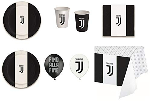 COORDINATO SPORT CALCIO COMPATIBILE CON JUVENTUS PER COMPLEANNO EVENTI ADDOBBI TAVOLA FESTA - kit n°44 Cdc- (8 PIATTI, 8 BICCHIERI, 20 TOVAGLIOLI,1 TOVAGLIA,12 PALLONCINI)