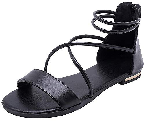 amropi Donna Incrociato Estate Open Toe Caviglia Cinghia Piatto Sandali (Nero,42 EU)