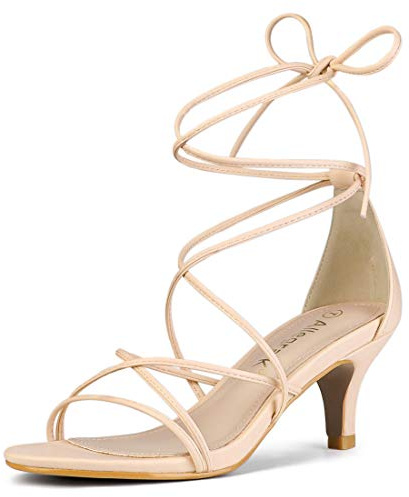 Allegra K Damen Riemchen-Sandaletten mit Kitten-Heel und Schnürung, Beige, 39.5 EU