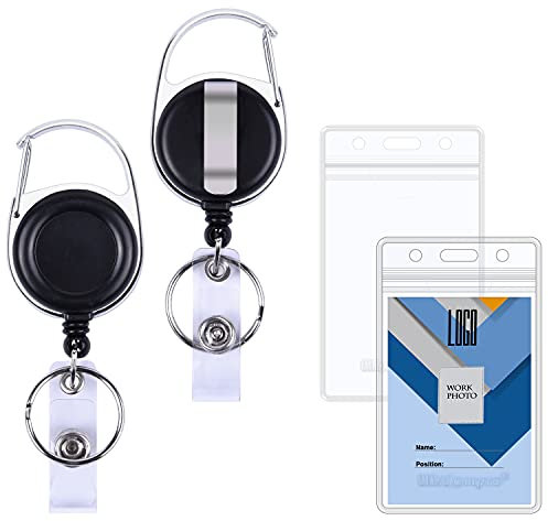 Wisdompro Porta Badge Plasticae Retrattile 2 pezzi, Porta Badge da Collo Bifacciale e Portachiavi Retrattile con Gancio Girevole, Porta Tesserino da Collo per Ufficio, Ospedale, Scuole