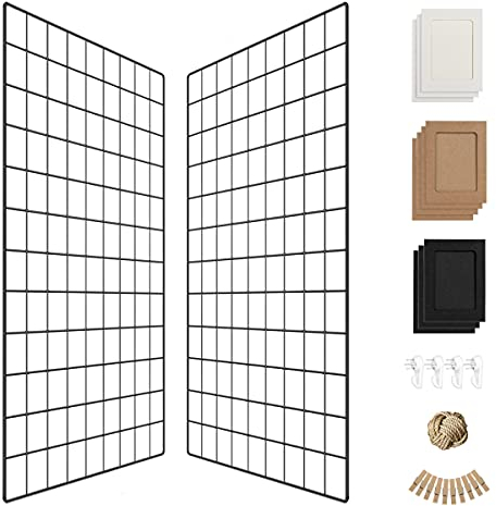 PAMANO Wall Photo Grid Shelf, Wall Hanging Ins Art Display Grid Panel for Decor & Storage, Metal Wire Notice & Memo Board, Mesh Tool Organiser Frame 2 Pcs (Black, 25.6 x 17.7 inches)