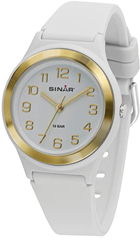 SINAR Mädchen-Armbanduhr Jugend Sportuhr Fitness Analog Quarz 10 Bar wasserdicht Silikonband Weiß Gold XB-48-0