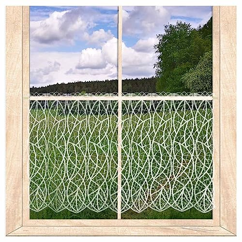 Scheibengardine Cloe aus weißer Luftspitze HxB 43x144 cm | Moderner Kurzstore mit fantasievollem Wellenmuster aus Vogtländischer Spitze | atelier alles-Spitze