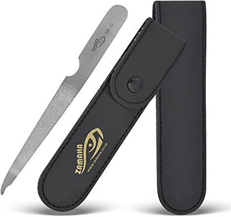 ZAMAHA UK® Single Piece Stainless Steel Premium Metal Nail File Packed in PU Leather - Durable Reusable Dual Sided Nail Care Accessories - Ergonomic Handle (Black Pouch)