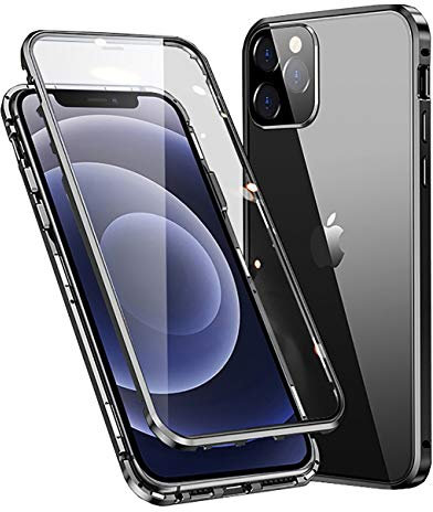 MOSSTAR Case for iPhone 12 Mini Magnetic Cover 360 Degree Full Body Protective [with Camera Lens Protection] Metal Bumper Front and Back Transparent Tempered Glass Flip Case, Black