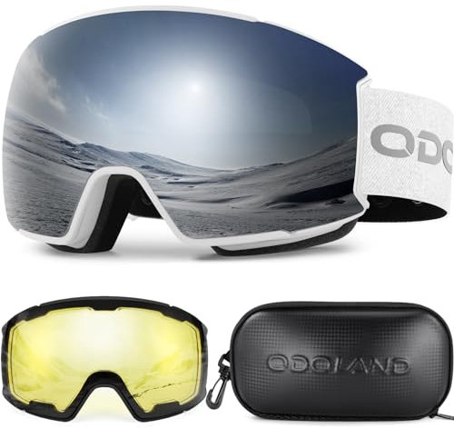 Odoland Skibrille Snowboardbrille für Damen und Herren mit 2 Magnetische Wechselglas und Hülle Anti-Fog UV-Schutz Helmkompatible für Jungen und Mädchen zum Snowboard Skifahren Helles Silber