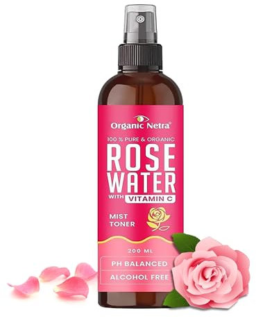 Organic Netra Rose Water with Vitamin C | Exfoliates the Skin and Controls Oil | Excellent for Clearing Away Makeup & Dirt from Pores| Mist Spray for All Skin Type | Paraben and Alcohol Free, 7 Fl Oz